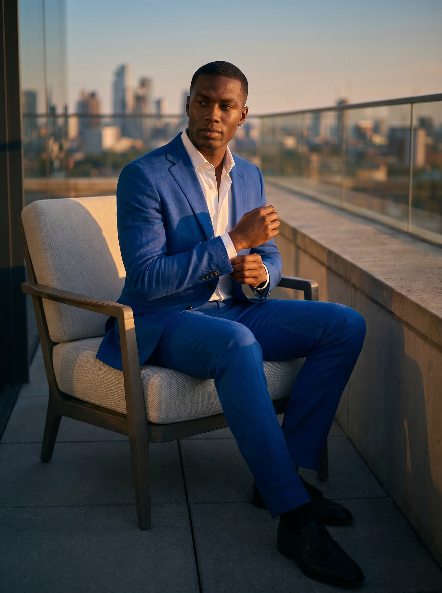 Royal Blue Linen Suit — Custom Made to Measure - seated view