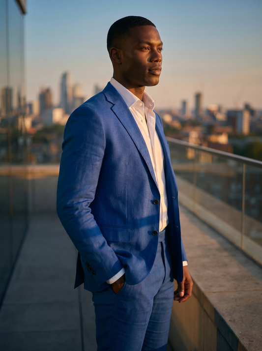 Royal Blue Linen Suit — Custom Made to Measure - side view
