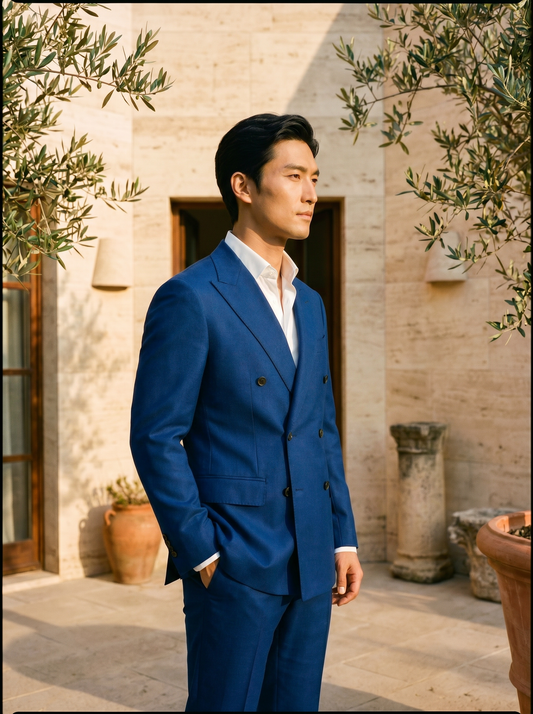 Royal Blue Wool Double Breasted Suit — Custom Made to Measure - side view