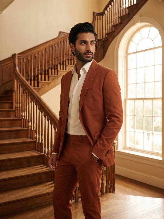 Rust Cotton Groomsmen Suit — Custom Made - side view