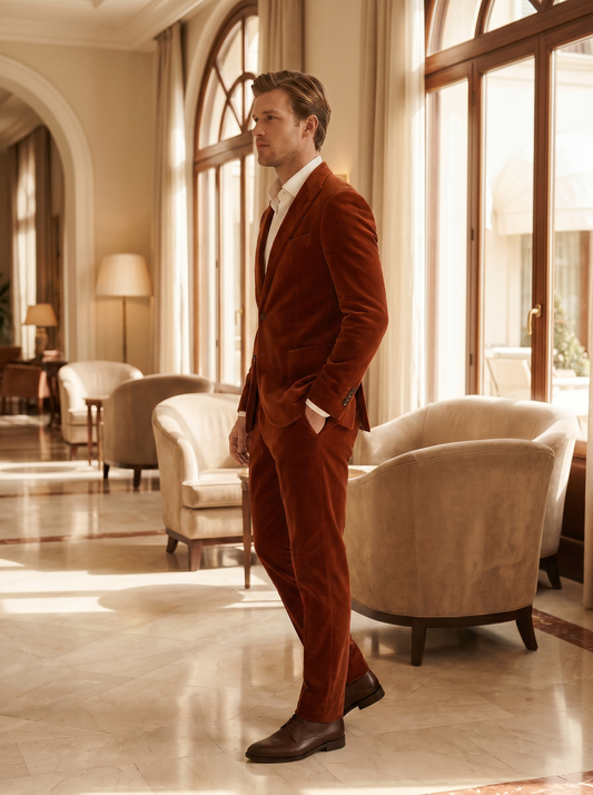 Rust Velvet Suit — Custom Made to Measure - side view