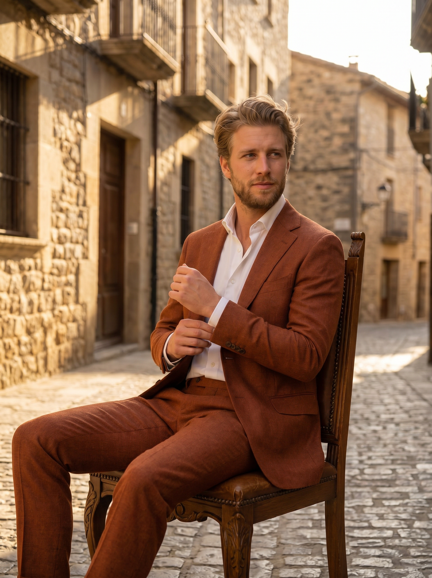 Rust Wool Suit — Custom Made to Measure - seated view