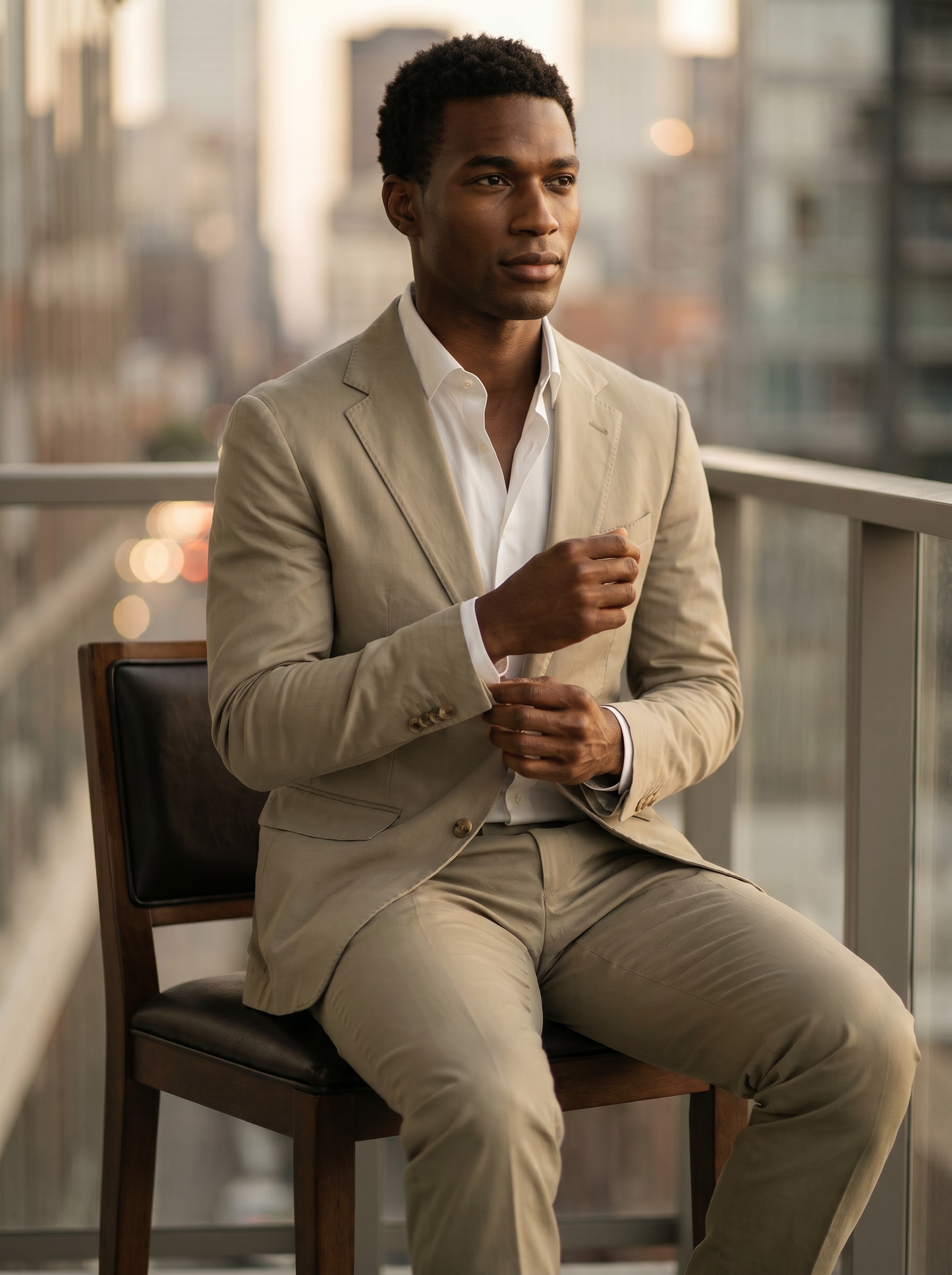 Sage Beige Cotton Suit — Custom Made to Measure - seated view