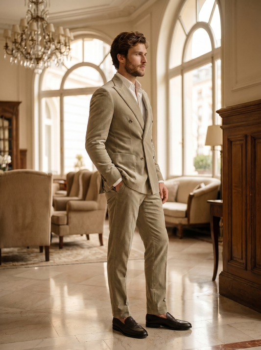 Sage Beige Velvet Double Breasted Suit — Custom Made to Measure - side view