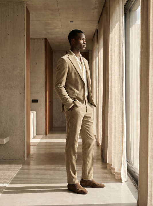 Sage Beige Velvet Suit — Custom Made to Measure - side view