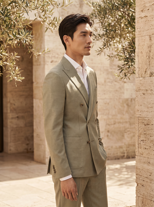 Sage Beige Wool Double Breasted Suit — Custom Made to Measure - side view