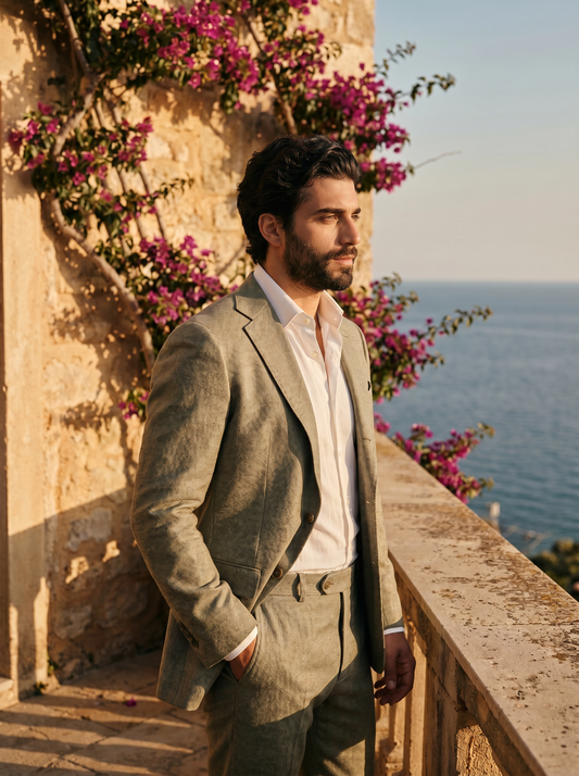 Sage Beige Wool Groomsmen Suit — Custom Made to Measure - side view