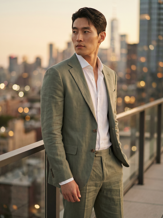 Sage Green Linen Suit — Custom Made to Measure - side view