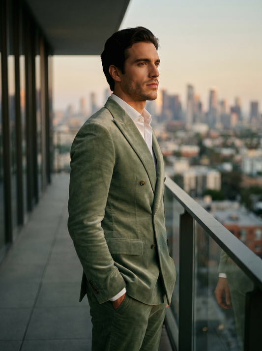 Sage Green Velvet Double Breasted Suit — Custom Made to Measure - side view