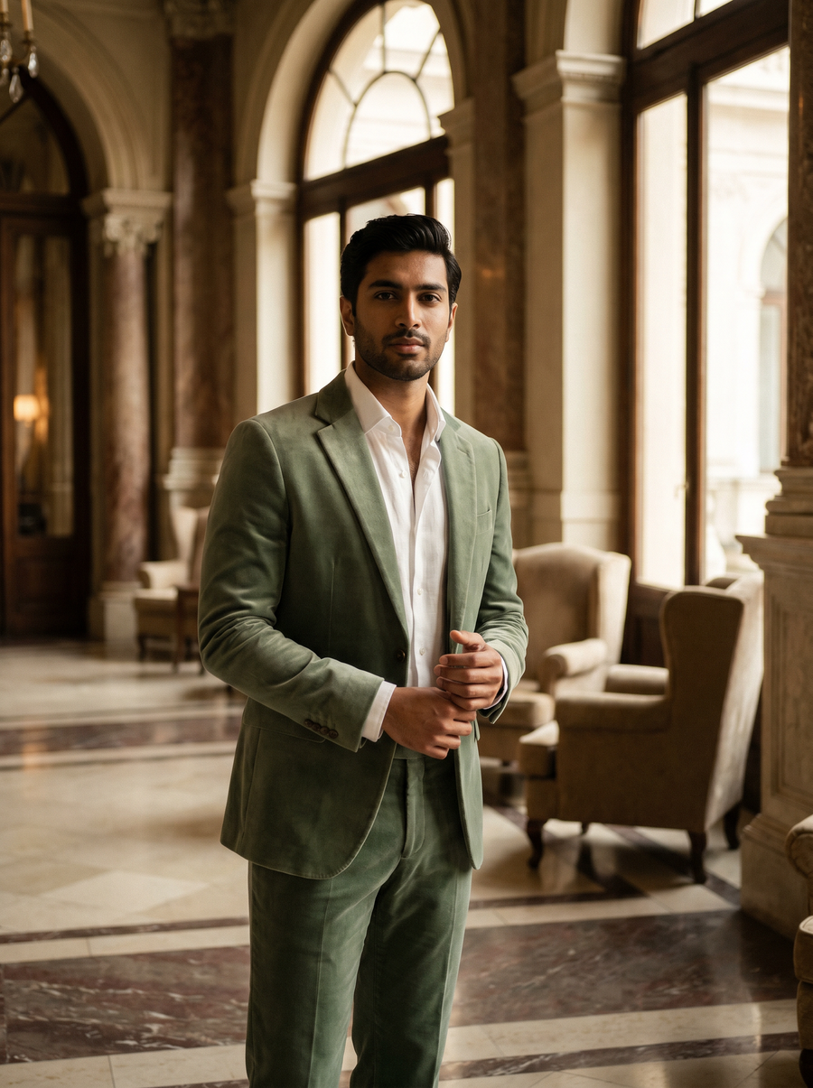 Sage Green Velvet Groomsmen Suit — Custom Made to Measure