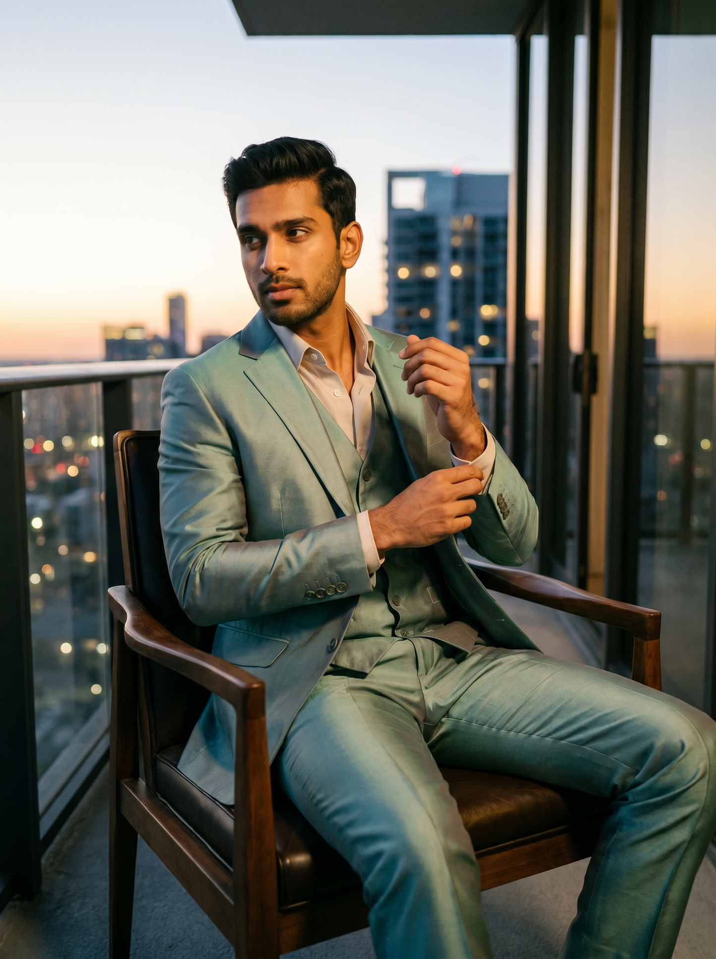 Seafoam Silk Blend 3-Piece Suit — Custom Made to Measure - seated view