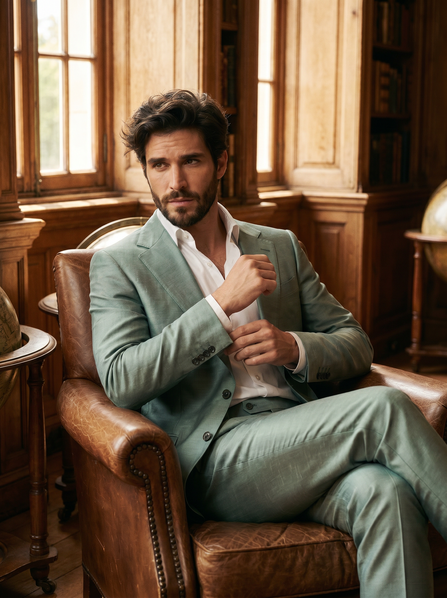 Seafoam Silk Blend Suit — Custom Made to Measure - seated view