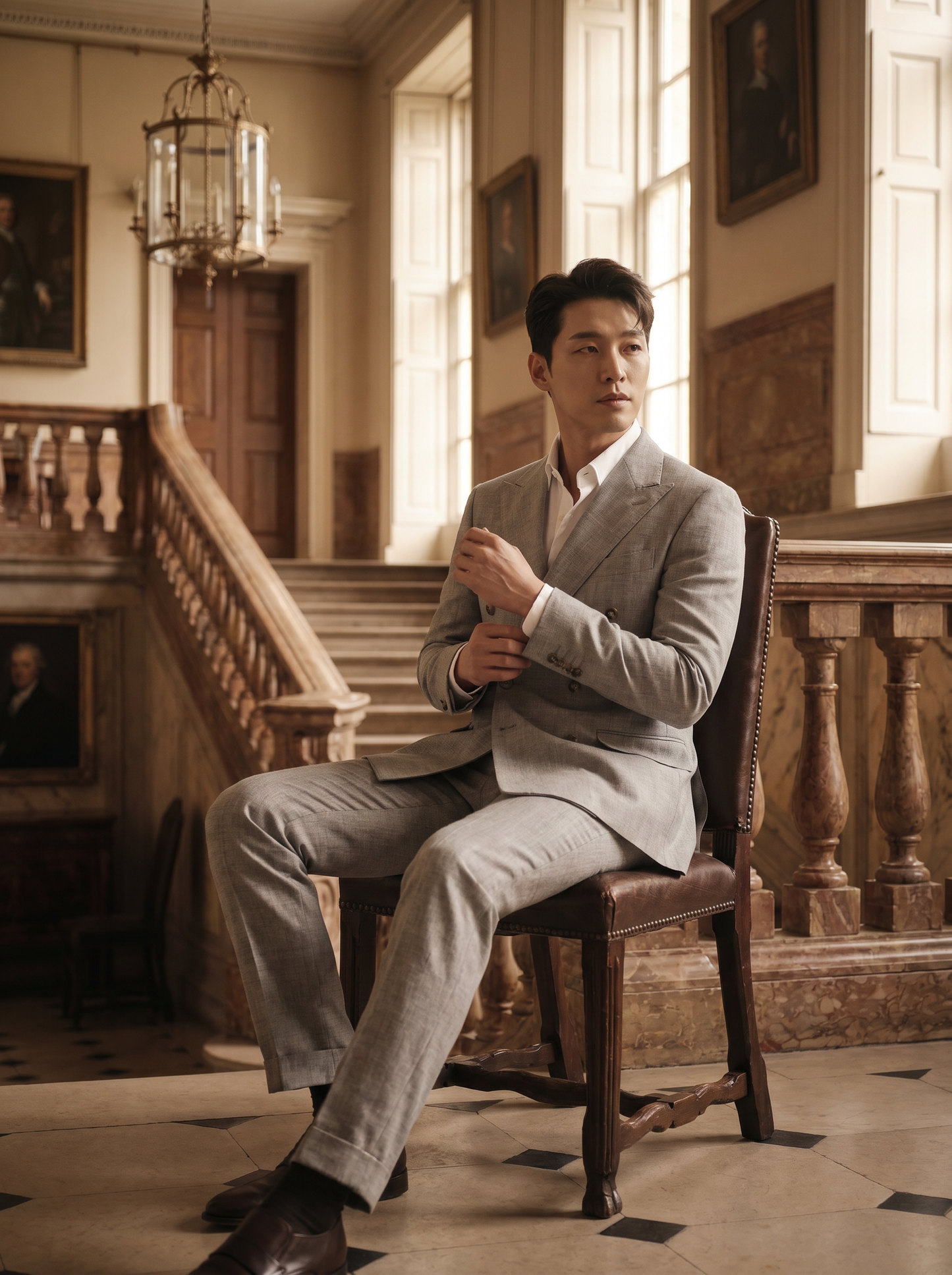 Silver Cotton Double Breasted Suit — Custom Made to Measure - seated view