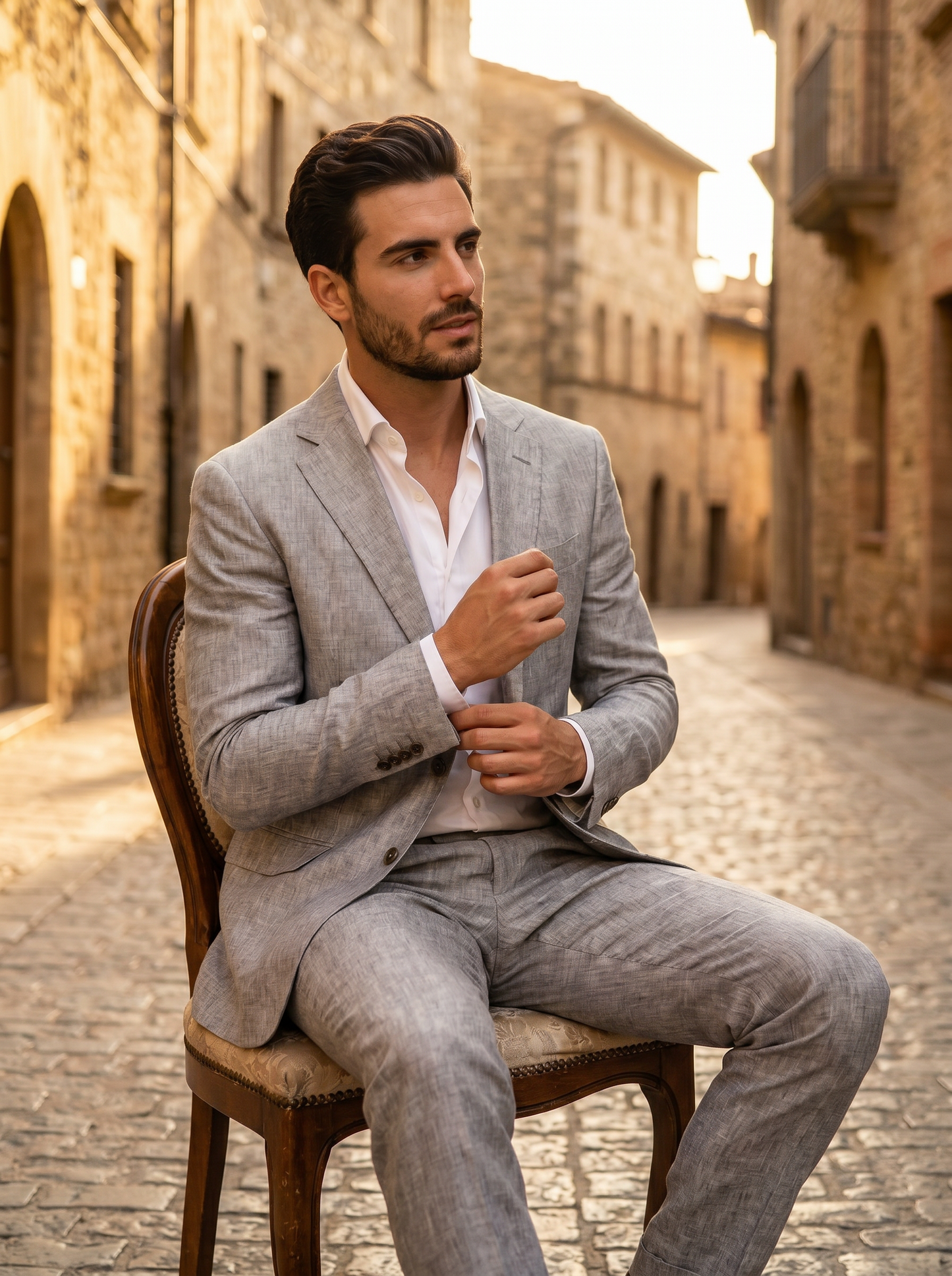 Silver Linen Suit — Custom Made to Measure - seated view