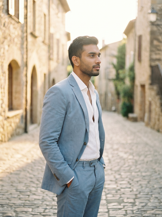 Sky Blue Cotton Groomsmen Suit — Custom Made - side view