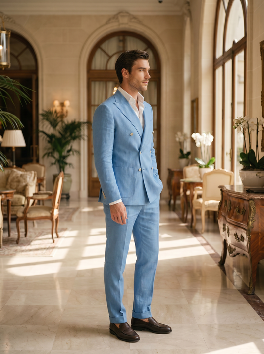 Sky Blue Linen Double Breasted Suit — Custom Made to Measure - side view