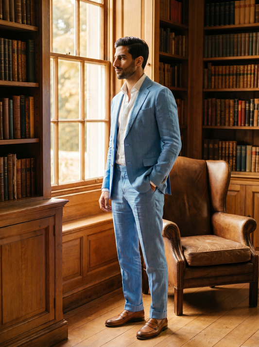 Sky Blue Linen Groomsmen Suit — Custom Made to Measure - side view