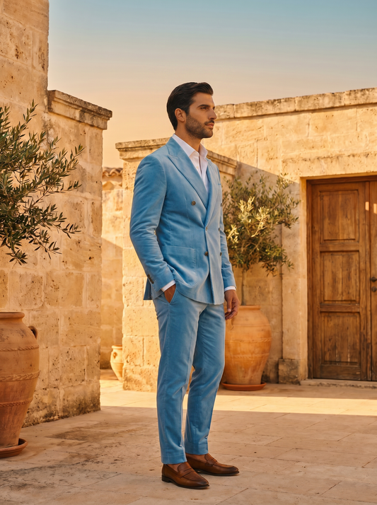 Sky Blue Velvet Double Breasted Suit — Custom Made to Measure - side view