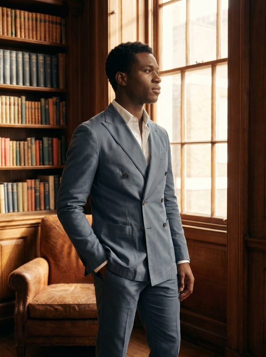 Slate Blue Cotton Double Breasted Suit — Custom Made to Measure - side view