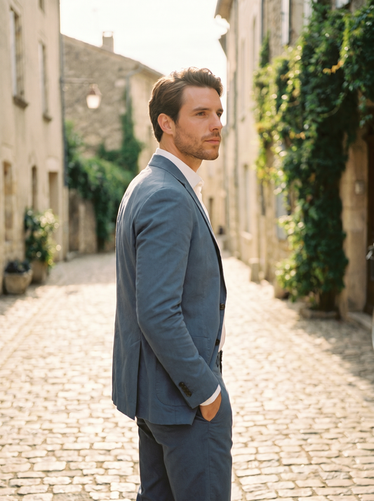 Slate Blue Cotton Groomsmen Suit — Custom Made - side view