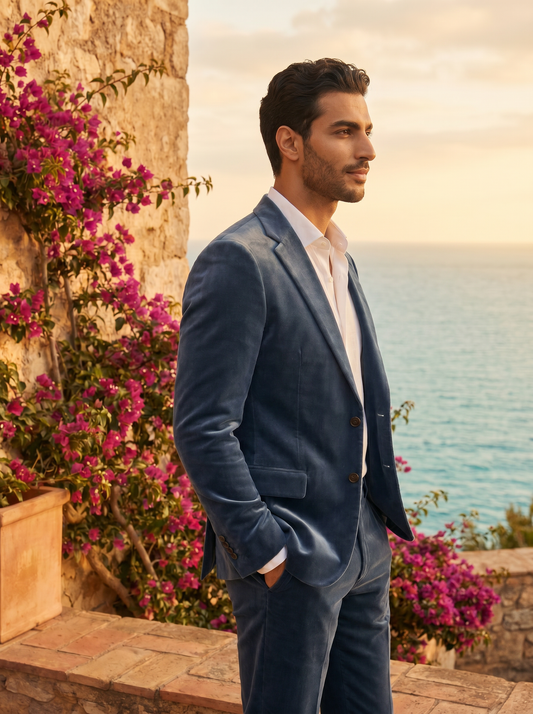 Slate Blue Velvet Groomsmen Suit — Custom Made to Measure - side view