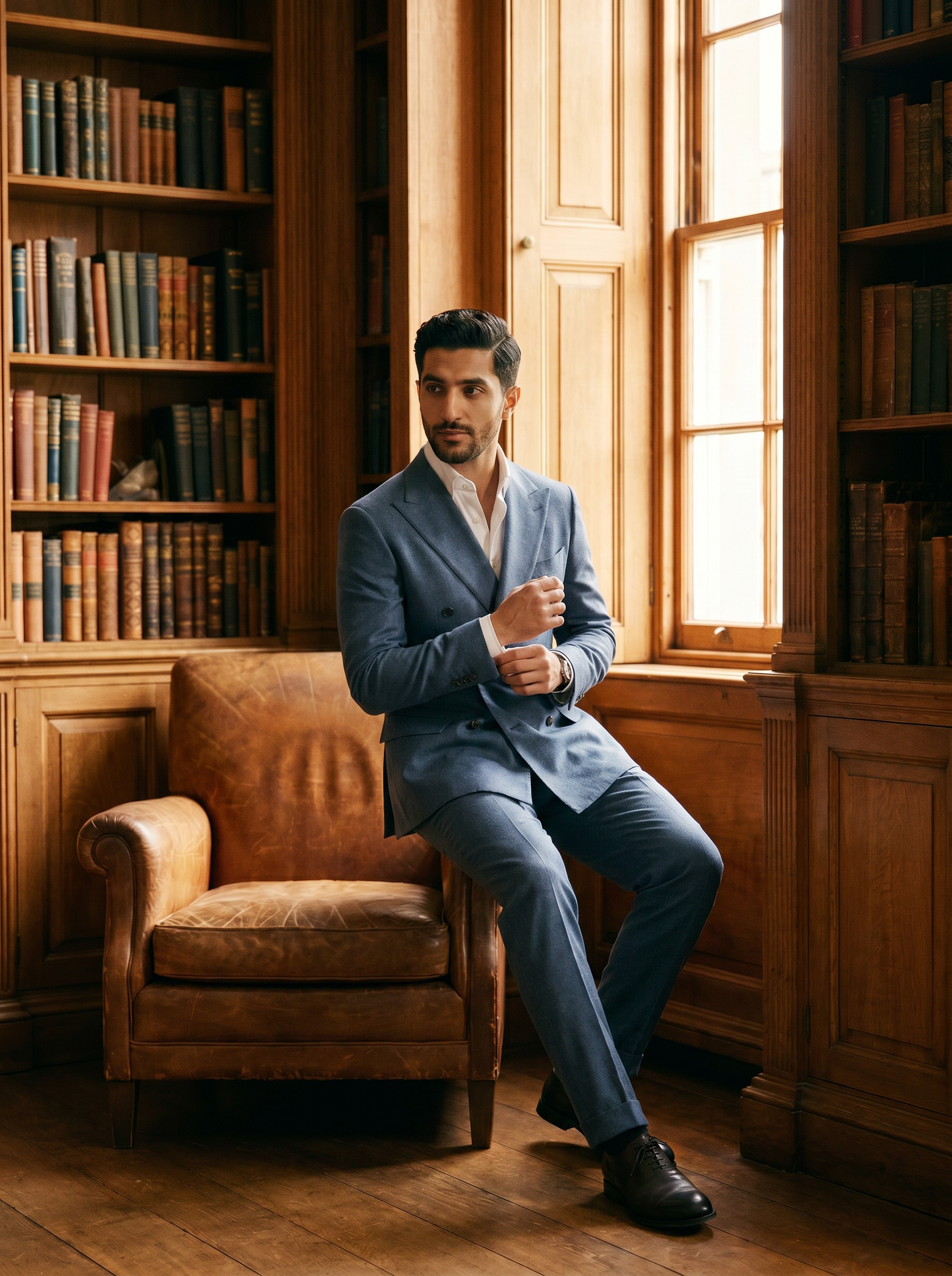 Slate Blue Wool Double Breasted Suit — Custom Made to Measure - seated view