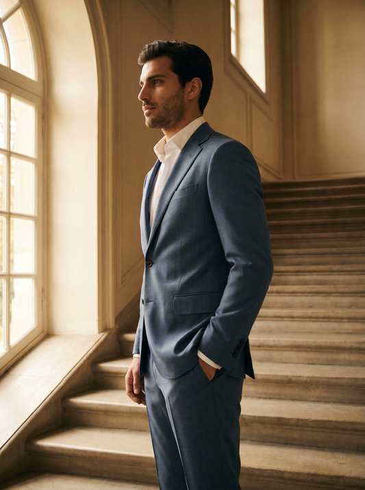 Slate Blue Wool Groomsmen Suit — Custom Made to Measure - side view