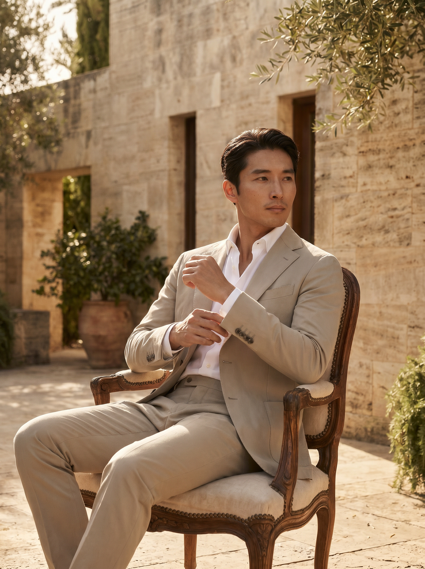 Stone Cotton Suit — Custom Made to Measure - seated view
