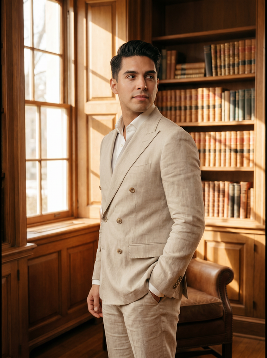 Stone Linen Double Breasted Suit — Custom Made to Measure - side view