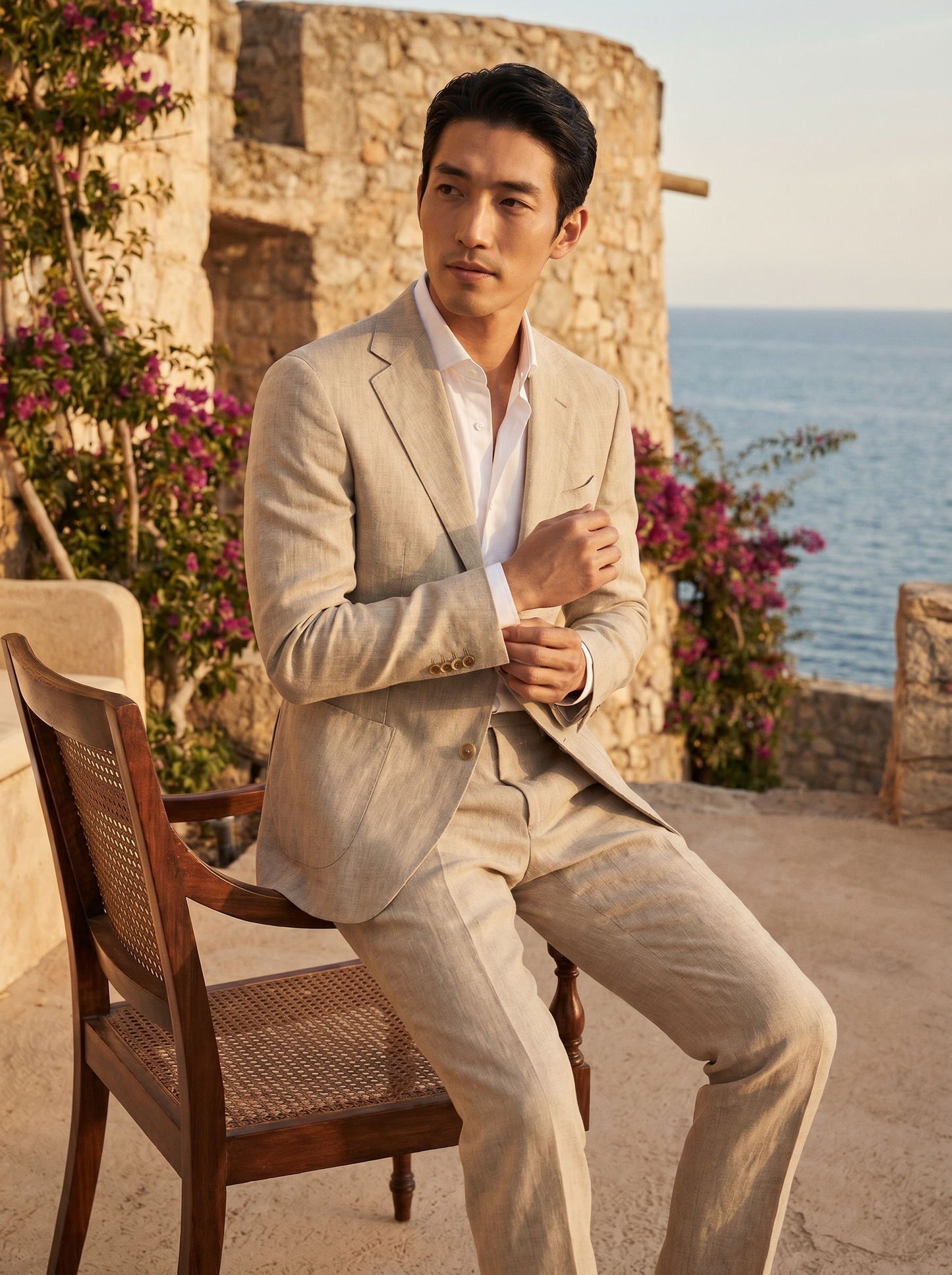 Stone Linen Suit — Custom Made to Measure - seated view