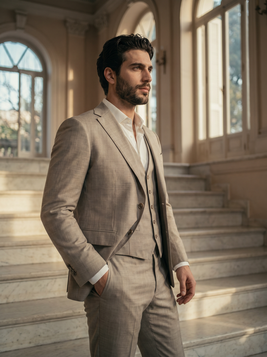 Stone Silk Blend 3-Piece Suit — Custom Made to Measure - side view