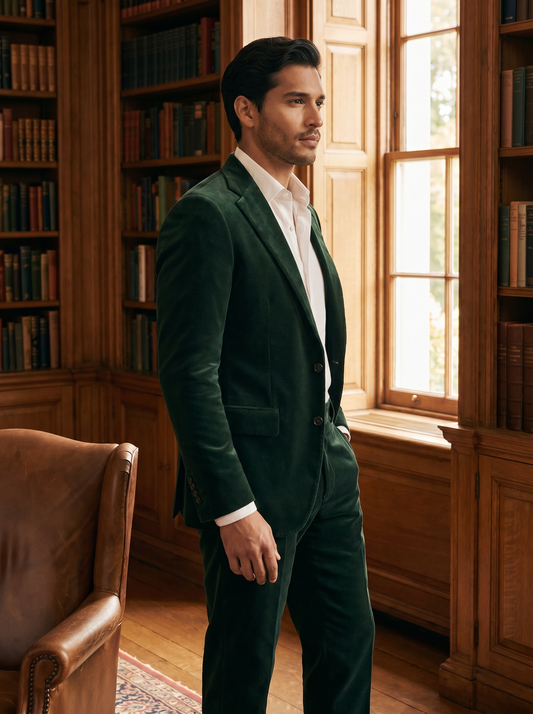 Stone Velvet Groomsmen Suit — Custom Made to Measure - side view