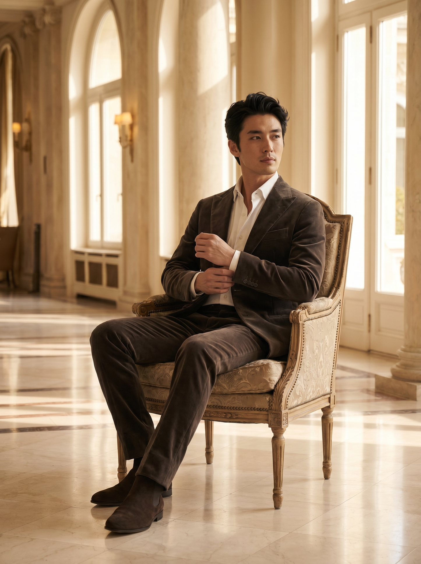 Stone Velvet Suit — Custom Made to Measure - seated view