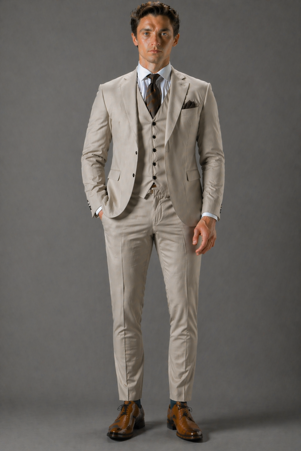 Stone Cotton Slim Fit Suit — Custom Made to Measure
