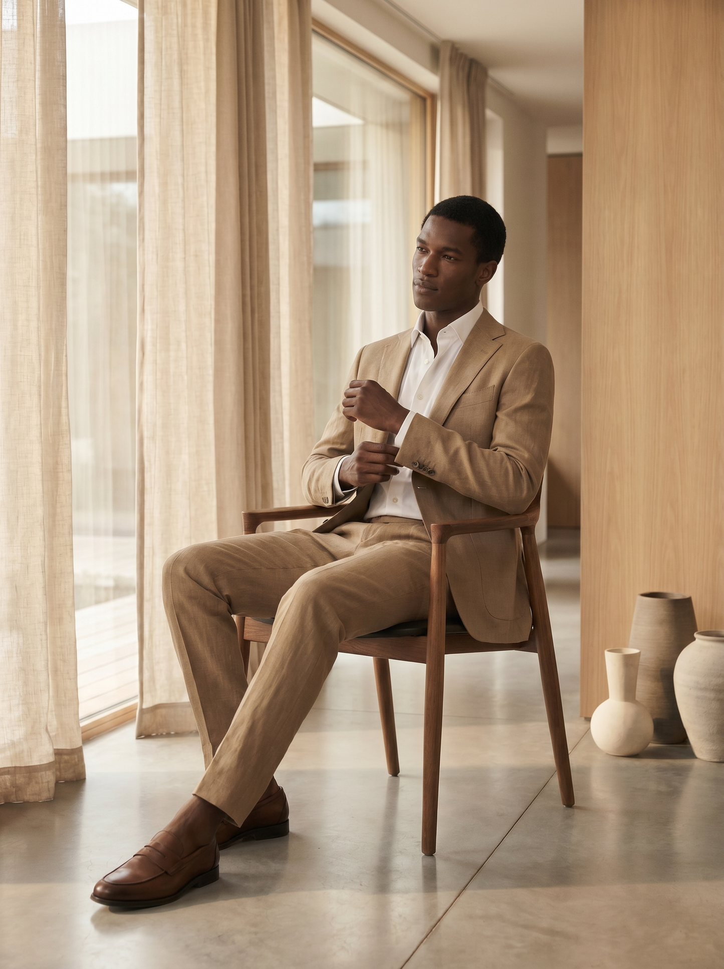 Tan Linen Groomsmen Suit — Custom Made to Measure - seated view