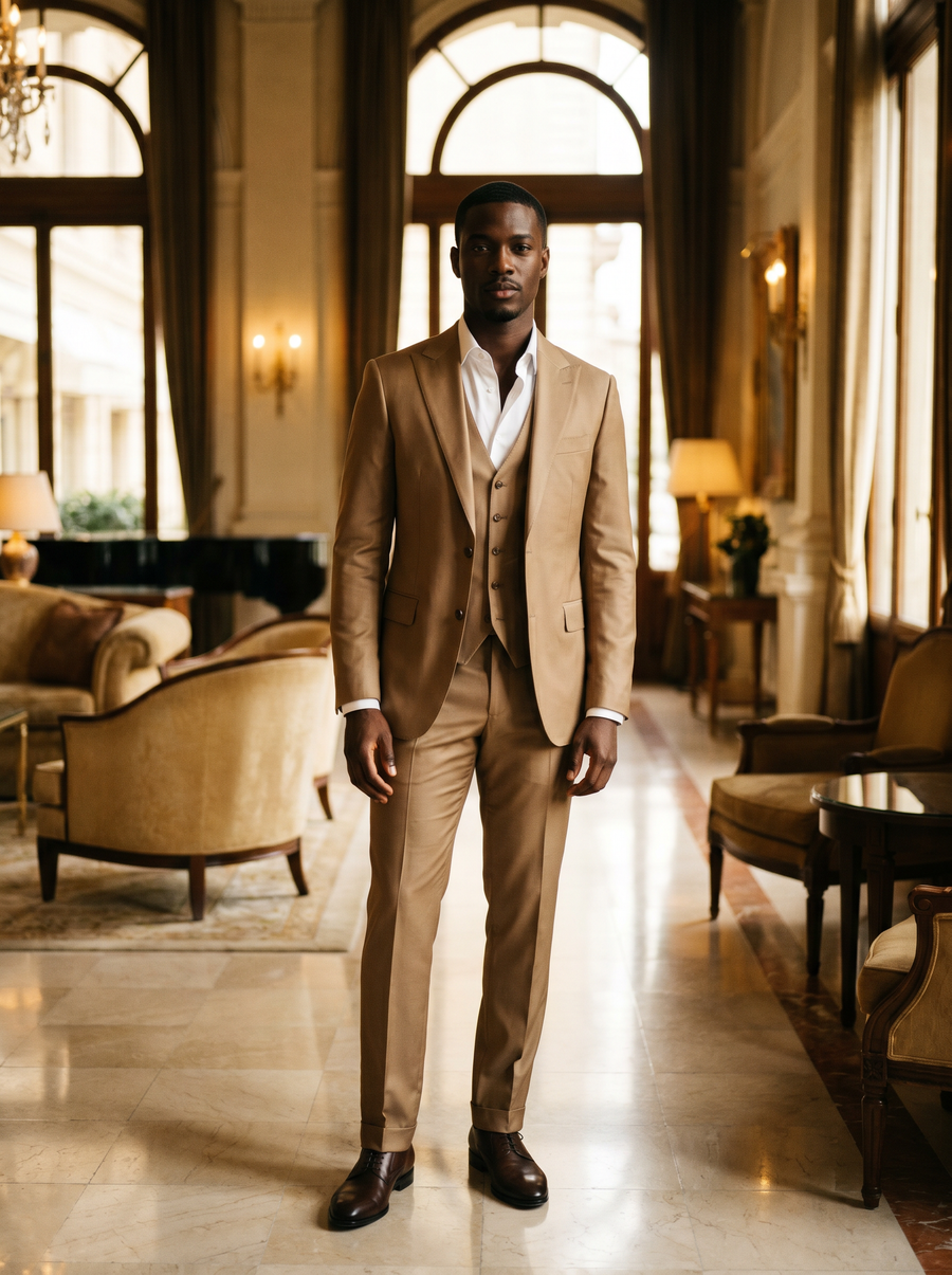 Tan Silk Blend 3-Piece Suit — Custom Made to Measure