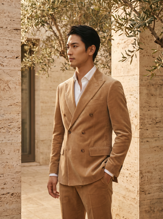 Tan Velvet Double Breasted Suit — Custom Made to Measure - side view