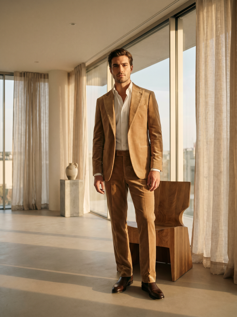 Tan Velvet Groomsmen Suit — Custom Made to Measure