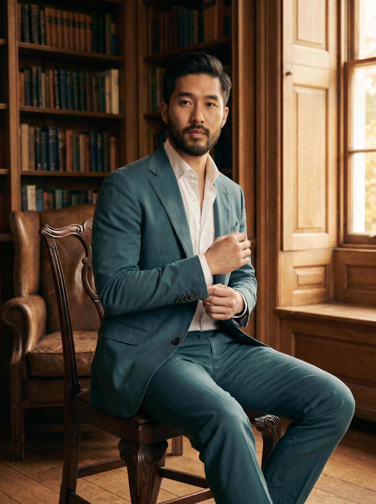 Teal Cotton Suit — Custom Made to Measure - seated view