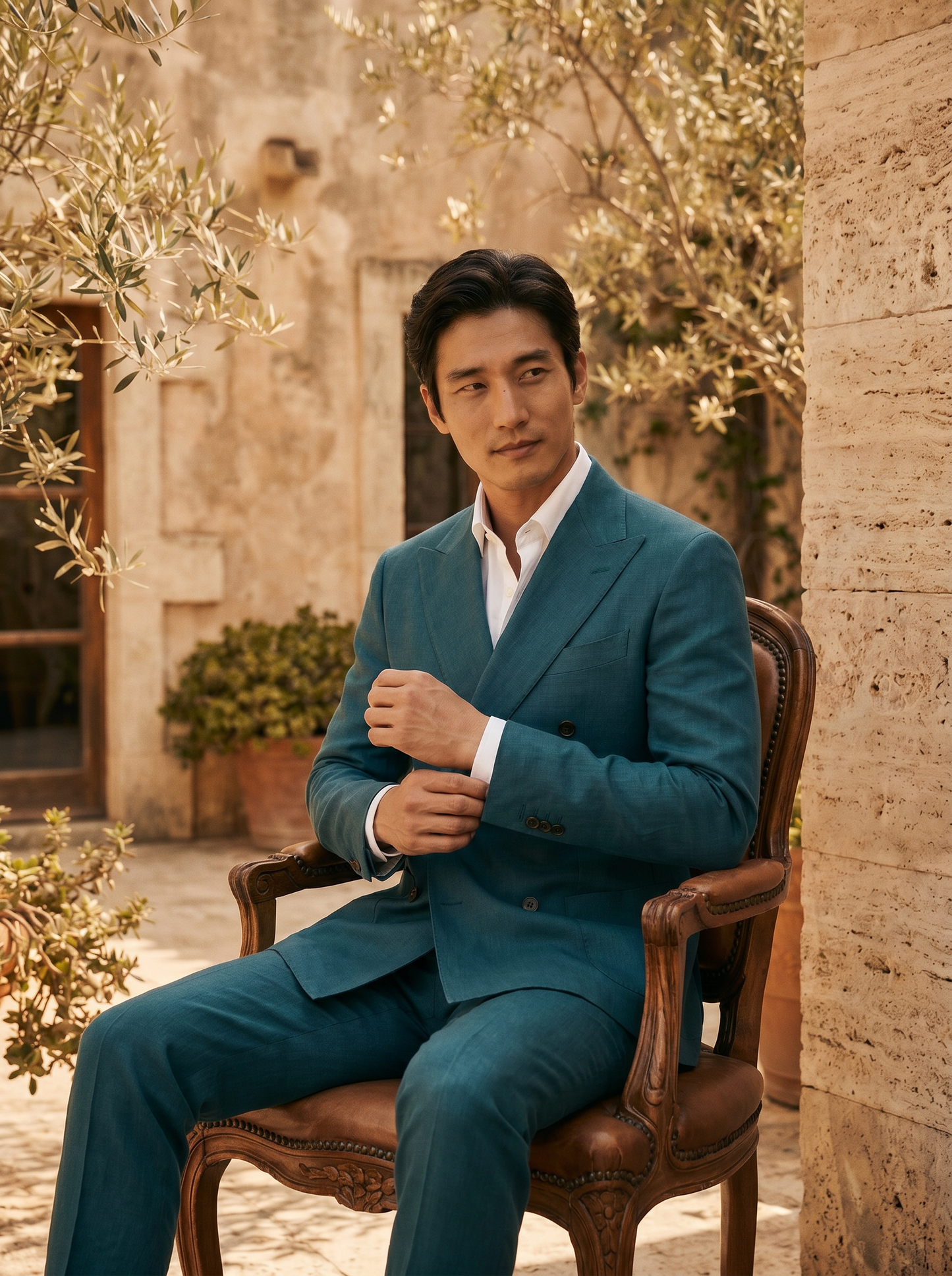 Teal Linen Double Breasted Suit — Custom Made to Measure - seated view