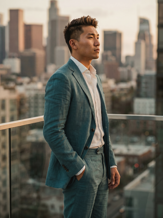 Teal Linen Suit — Custom Made to Measure - side view