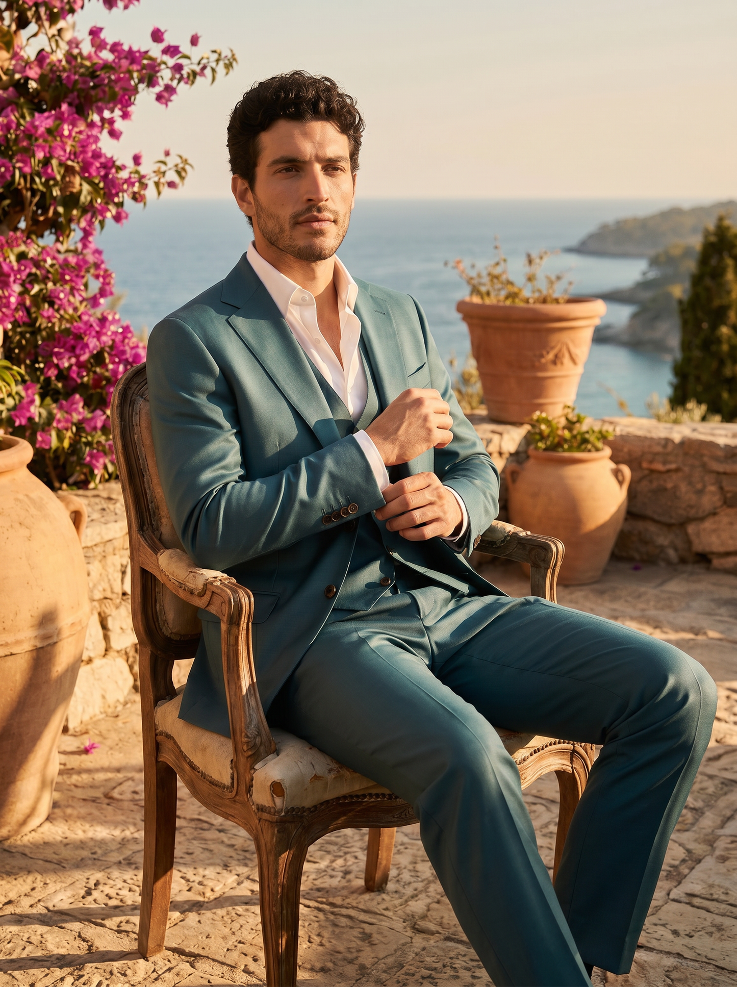 Teal Silk Blend 3-Piece Suit — Custom Made to Measure - seated view
