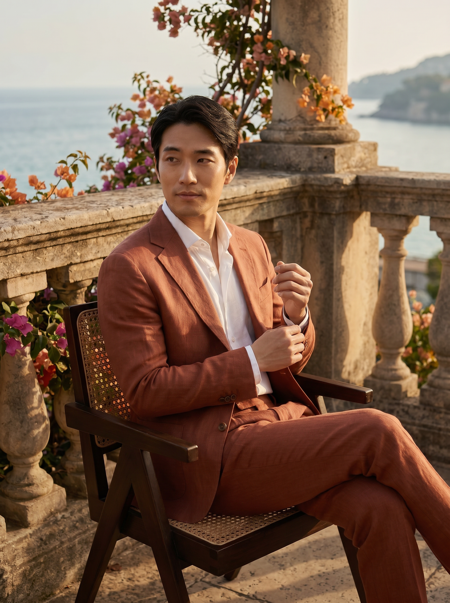 Terracotta Linen Groomsmen Suit — Custom Made to Measure - seated view
