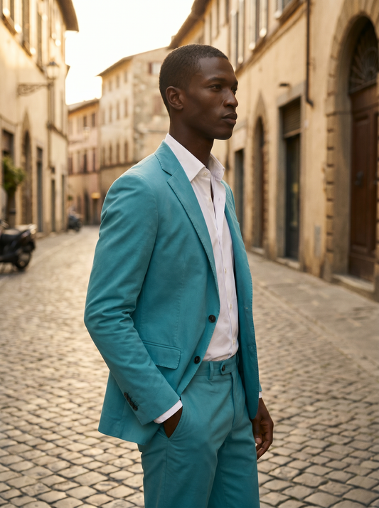 Turquoise Cotton Suit — Custom Made to Measure - side view