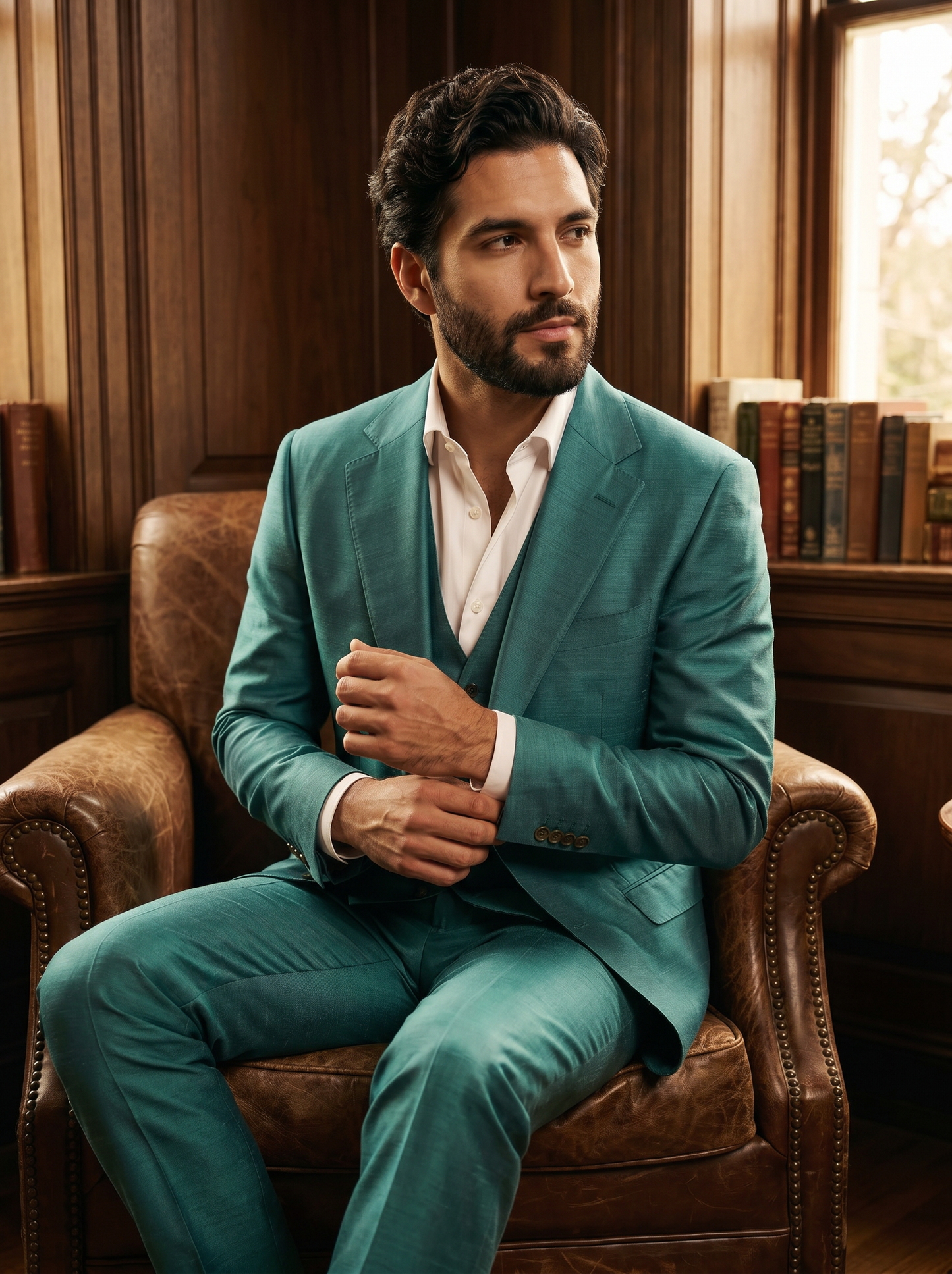 Turquoise Silk Blend 3-Piece Suit — Custom Made to Measure - seated view