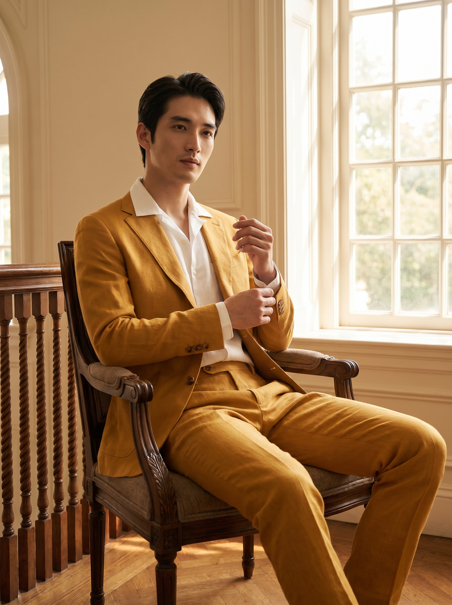 Warm Mustard Linen Suit — Custom Made to Measure - seated view
