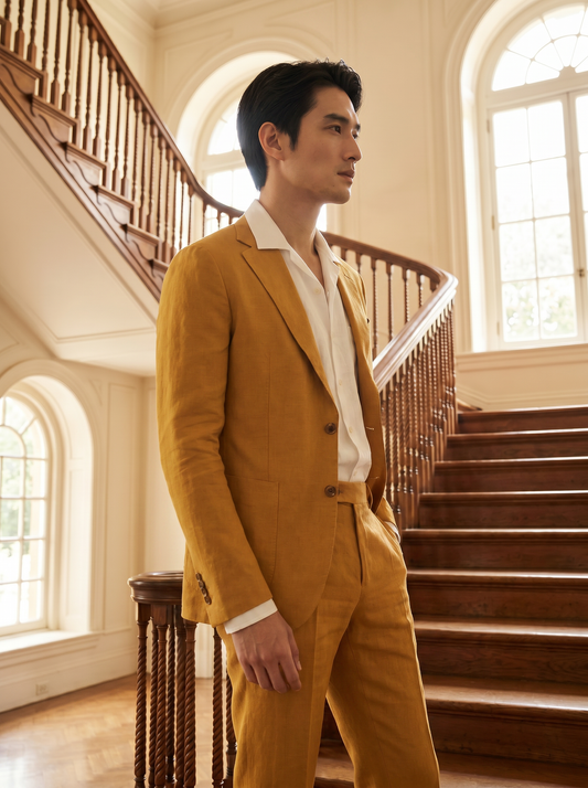 Warm Mustard Linen Suit — Custom Made to Measure - side view
