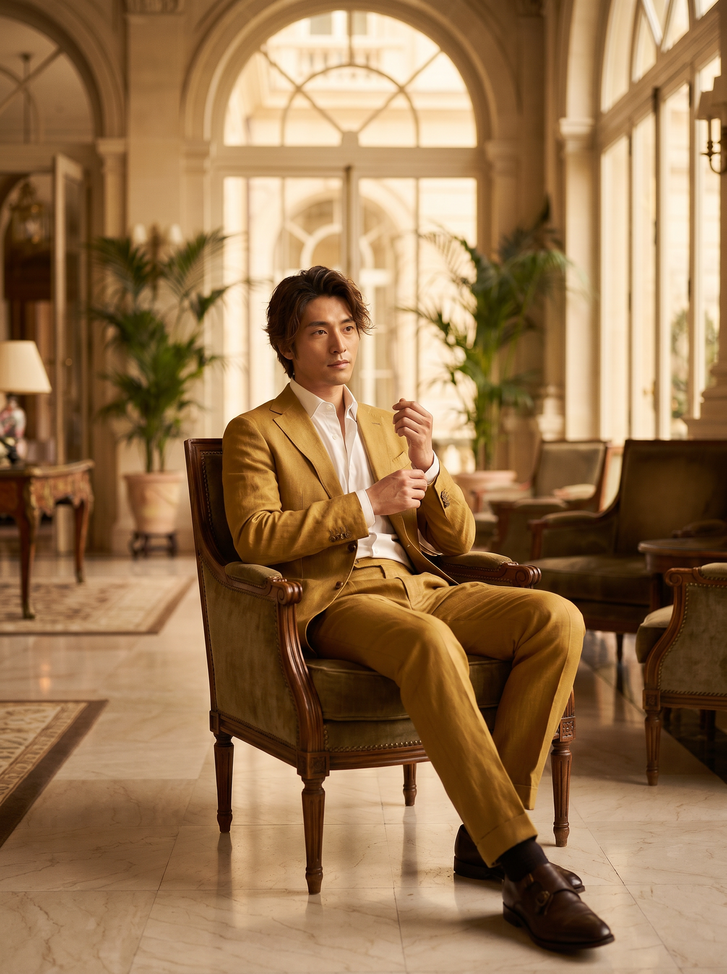 Warm Mustard Silk Blend Suit — Custom Made to Measure - seated view