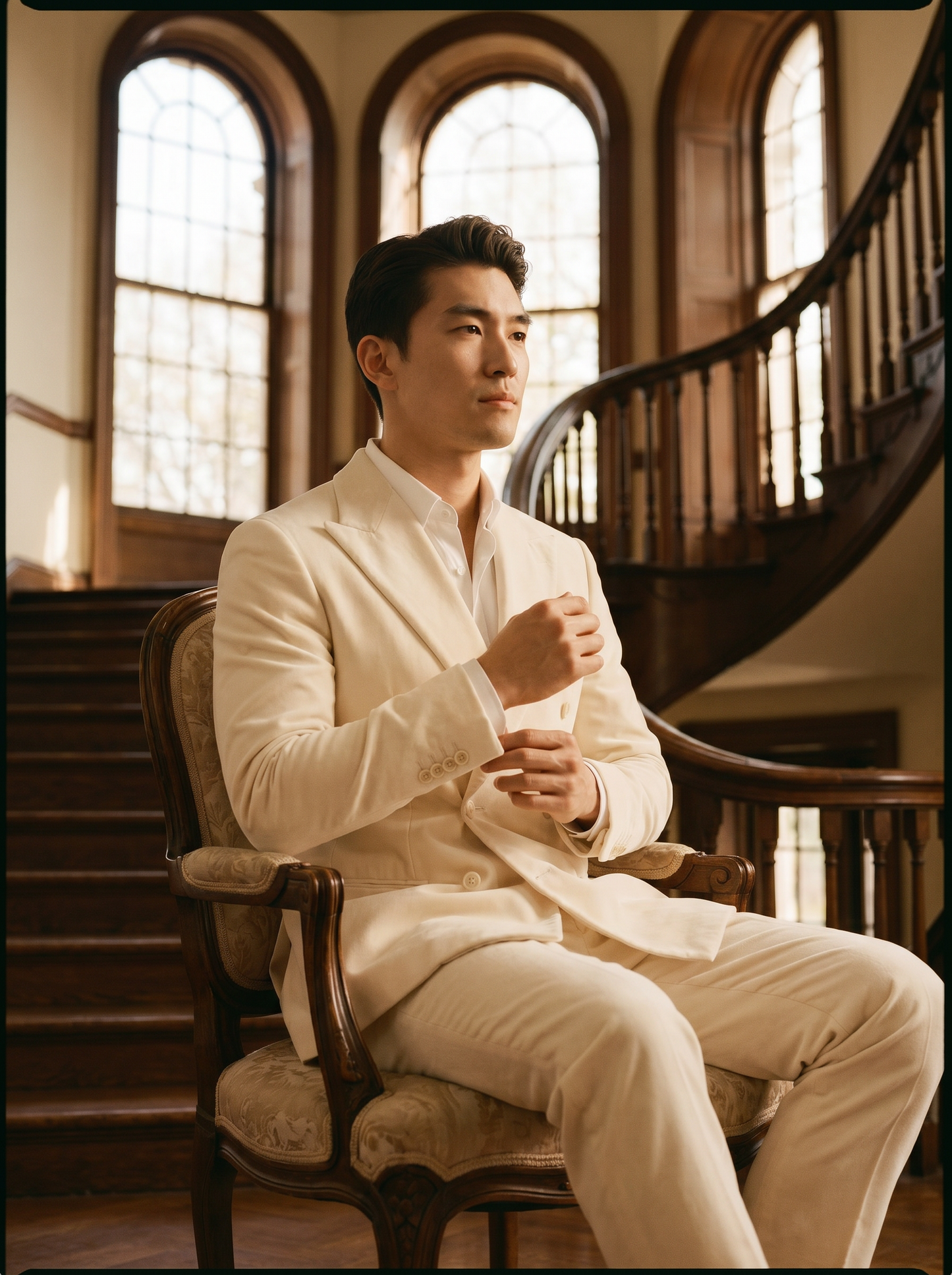 White Velvet Double Breasted Suit — Custom Made to Measure - seated view