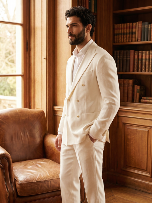 White Wool Double Breasted Suit — Custom Made to Measure - side view